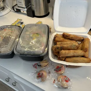 chicken fried rice, veggie chow mein.  &amp; the eggrolls were delicious &amp; tasted even better the next day.