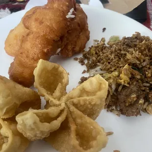 Chinese fried chicken, crab Rangoon, beef fried rice