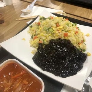 a plate of rice and vegetables
