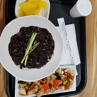 Jja Jang Myun combo w tang soo yuk. $10.99 + tax on Nov 2018. Small Jja Jang Myun portion. Be aware.