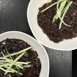 Top right is the ManGu jjajang (aka Black Bean Noodle #7) and bottom left is the Yetnal jjajang (aka Classic Black Bean Noodle #6)