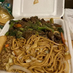 Beef and Broccoli with Chow Mein, Fried Rice &amp; spring roll.