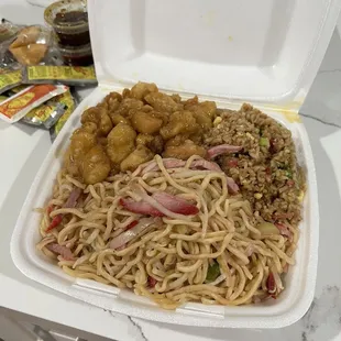 $10.95 dinner orange chicken, fried rice &amp; chow mein