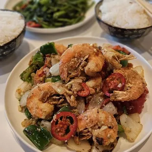 Jumbo Salt and Pepper Prawns ($20) authentically flavored and perfectly crispy with the shell om