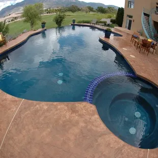 Pool Remodel, new stamped colored concrete, colored plaster and tile
