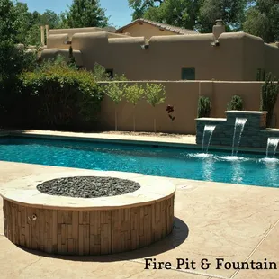 Custom stamped concrete pool deck, fountains, fire pit and new plaster.