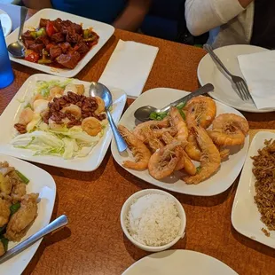 Ginger scallion fish fillet, walnut shrimp, salt and pepper shrimp, and chicken fried rice