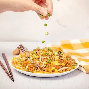 a plate of fried rice with chopsticks