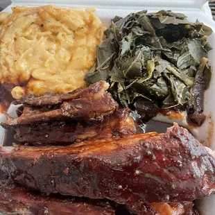 Dinner Plate 4 Ribs, collard greens, macaroni and cheese