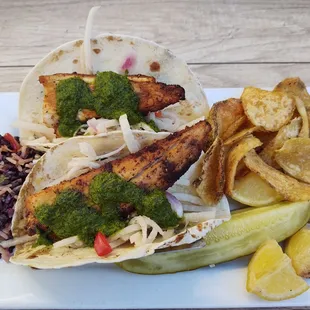 Mahi mahi tacos and homemade chips, delicious!