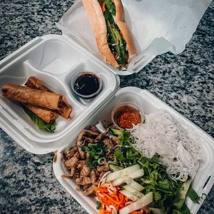 Grilled Pork Sandwich, Vermicelli with Lemongrass Chicken, and Vegetable Egg Rolls