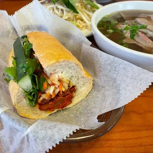 Combination with Pork Banh Mi and Beef Noodle Soup