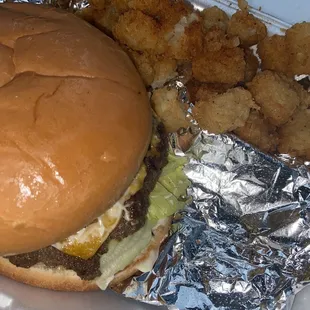 Cheese burger with Tater Tots.