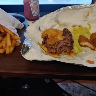 Double Hamburger with pepper jack, small fries, chicken tenders