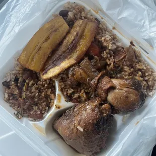 Brown Stew Chicken Lunch with rice/beans, and plantains! Child this is enough for lunch and dinner