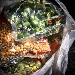Large bags of peas, beans, okra, and mixed veggies $3.50 per bag.
