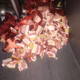 Chuck roast and smoked bacon ground together.