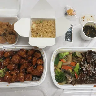 Teriyaki grilled steak with mixed vegetables ($13.99) and six General Tso's chicken wings ($6.49)