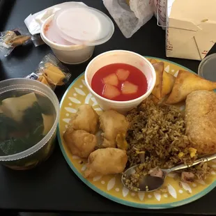 Wonton soup, sweet and sour chicken, fried rice, krab Rangoon, egg roll. Ton of food for $17.