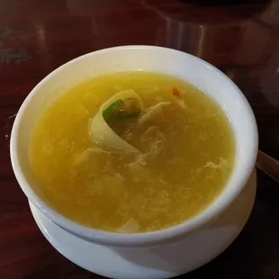 Egg drop with a won ton from my husband's soup. It was delicious and served very hot, the way I like it.