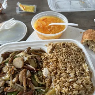 Egg Drop Soup, Egg Roll (1), Chicken Fried Rice, and BBQ Pork Chop Suey