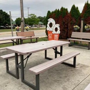 a picnic table and benches