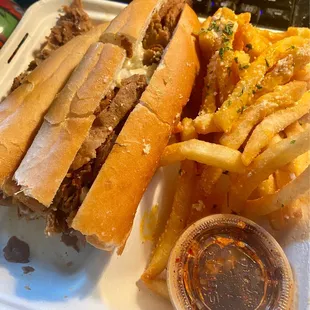 cheesesteak with garlic parm cheese fries