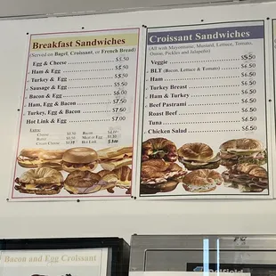 a menu for breakfast sandwiches