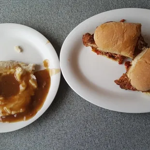 Chicken parmesan Looked good,  but the meat was rubbery and chalky and inedible.   Sauce was good along with the mashed potatoes.