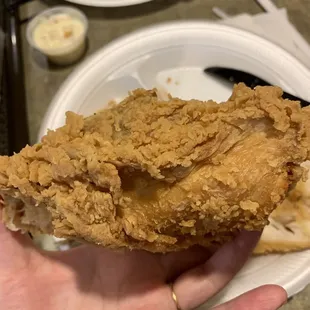 a hand holding a piece of fried chicken
