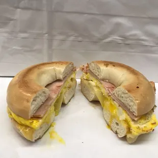 Bagel cheese ham eggs