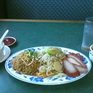 a plate of food and a cup of tea