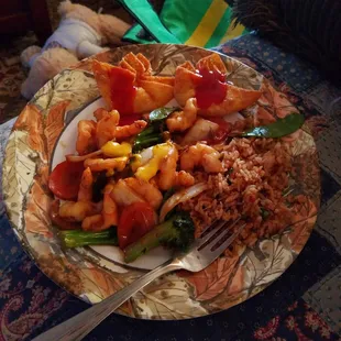 Crab puffs, peapod shrimp, pork fried rice