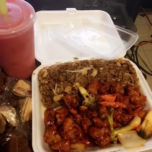 a take out container of food