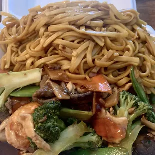 Triple delight with lo mein noodles
