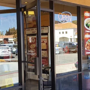 the entrance to a restaurant
