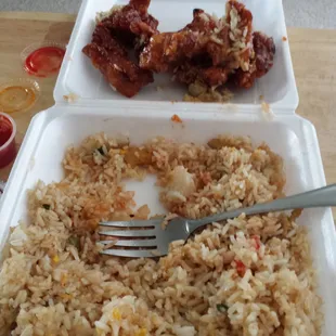 Gross. Mystery meat &quot;chicken&quot; and dry flavor less fried rice.