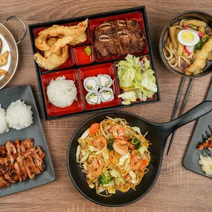 Some of our favorite menu items!!! Kalbi Bento, Spicy Chicken Teriyaki, Shrimp Yakisoba, Dragon Roll, Tempura Udon Noodle Soup, and Gyoza!!