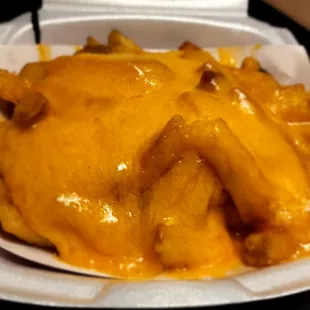 cheese fries in a styrofoam container