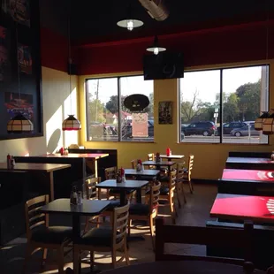 Your classic 50&apos;s style diner.  Love potion #9 on a stereo played by the Beatles. A big mural of old cars in various places,etc.