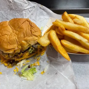 a hamburger and french fries