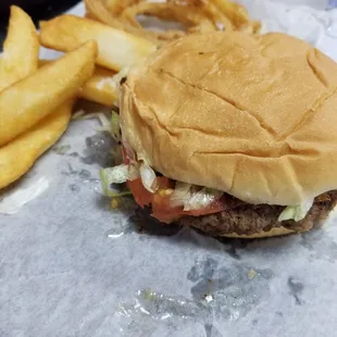 Burger, with some fries and onionrings (not the entire order, sides are a good portion to share)