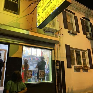 a storefront at night