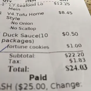 a receipt for a restaurant