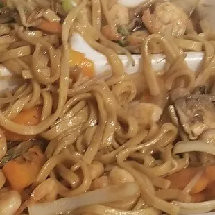 Shrimp Lo Mein, very small shrimp and flat noodles