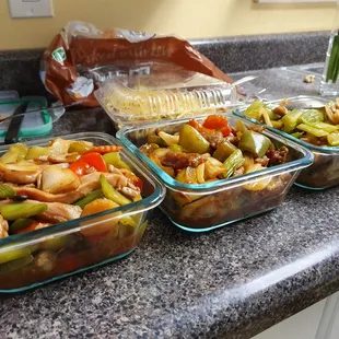 left to right, cashew chicken, mongolian beef, kung pao chicken (ignore my bread bag in the background ;p)