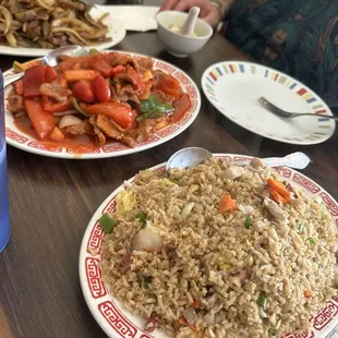 Fried rice, tomato beef, and ginger beef!