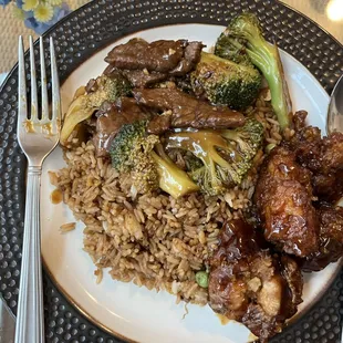 Fried Rice with Beef Broccoli and General Tso Chicken.