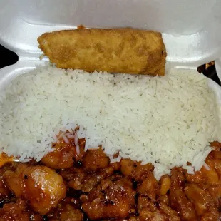 Orange chicken Lunch. I REQ  XTRA Spicy. The meat was not over breaded, it was tender, and well seasoned, w/ orange chunks