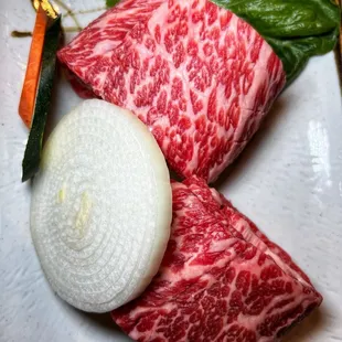 a piece of beef and a piece of onion on a plate